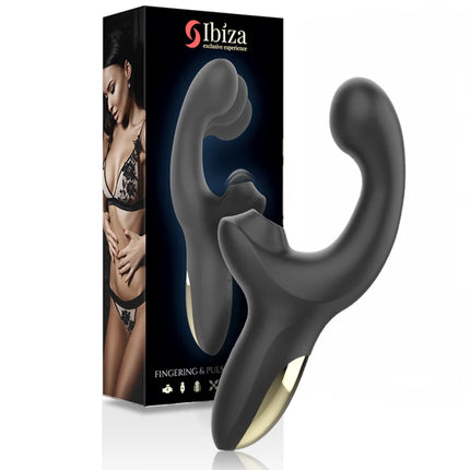 Schwarzer und goldener ibiza finger- und pulsierender vibrator mit ergonomischem design und mehrfach texturierten oberflächen
