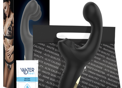 Schwarzer ibiza finger- und pulsierender vibrator mit geschwungener ergonomischer form und goldfarbenem ständer