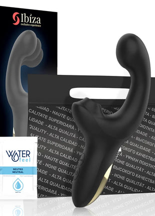 Schwarzer ibiza finger- und pulsierender vibrator mit geschwungener ergonomischer form und goldfarbenem ständer