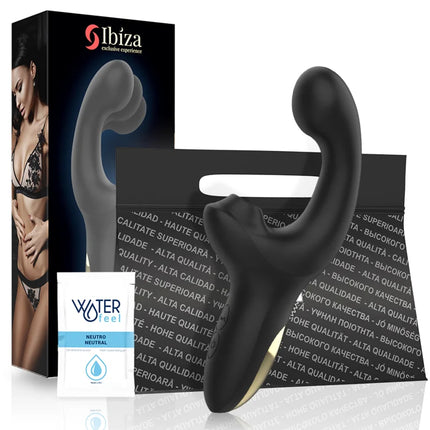 Schwarzer ibiza finger- und pulsierender vibrator mit geschwungener ergonomischer form und goldfarbenem ständer