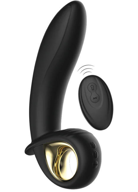 Schwarzer silikon vibrator ibiza mit goldfarbener kammer und ovaler fernbedienung für anal und vaginalgebrauch