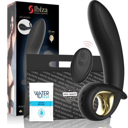 Schwarzer aufblasbarer anal vaginal vibrator ibiza mit goldfarbenem ring strukturierter griff und fernbedienung