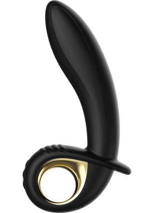 Schwarzer silikon vibrator ibiza mit goldfarbenem ring am fuß und fernbedienung für anal und vaginalgebrauch