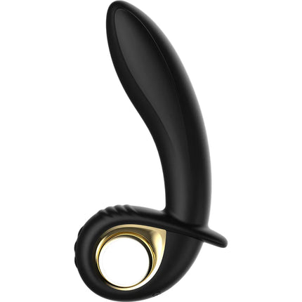 Schwarzer silikon vibrator ibiza mit goldfarbenem ring am fuß und fernbedienung für anal und vaginalgebrauch