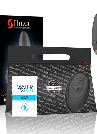 Schwarzer ibiza eier vibrator mit ergonomischer form und goldenem akzentiertem basisstück mit fernbedienung