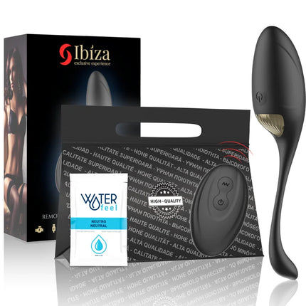 Schwarzer ibiza eier vibrator mit ergonomischer form und goldenem akzentiertem basisstück mit fernbedienung