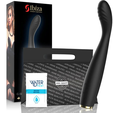 Schwarzer silikon g-punkt-vibrator mit goldfarbenem boden von ibiza exclusive experience, leistungsstark und flexibel