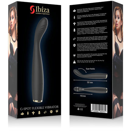 Schwarzer silikon g-punkt-vibrator ibiza mit flexiblem, gebogenem design und goldfarbenem basisstück