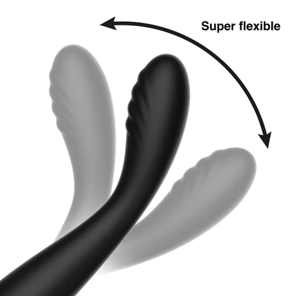 Schwarzer flexibler silikon g-punkt-vibrator ibiza mit strukturierter griffoberfläche und gebogenem design