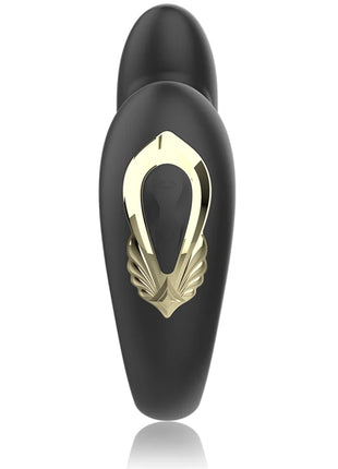 Schwarzer silikon ibiza rotierender doppelvibrator mit goldfarbenem emblem und blattornamenten
