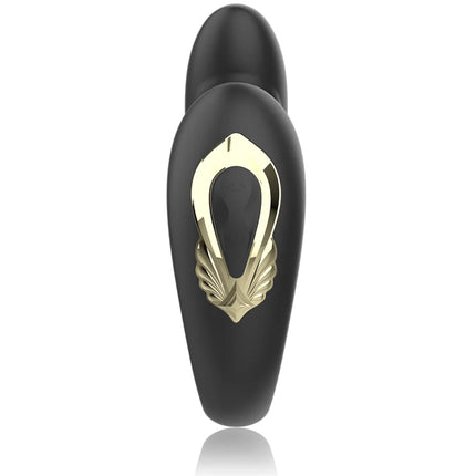 Schwarzer silikon ibiza rotierender doppelvibrator mit goldfarbenem emblem und blattornamenten