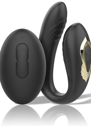 Schwarzer silikon doppelvibrator ibiza mit goldblattakzent und ovaler fernbedienung für rotierende stimulation