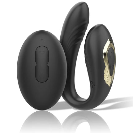 Schwarzer silikon doppelvibrator ibiza mit goldblattakzent und ovaler fernbedienung für rotierende stimulation