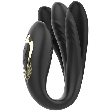 Schwarzer silikon doppelvibrator ibiza mit goldakzentierter bedienung und drei gebogenen prongs
