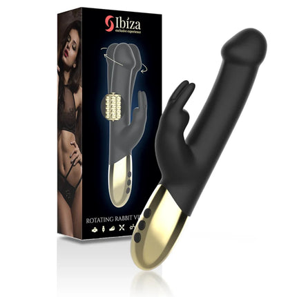 Ibiza rotierender kaninchenvibrator in schwarz und gold mit texturiertem roller-kopf für intensive stimulation