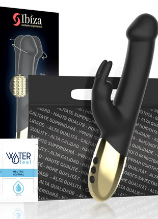 Ibiza rotierender Kaninchenvibrator aus schwarzem und goldenem Silikon mit strukturiertem Griff und mehreren Steuerknöpfen