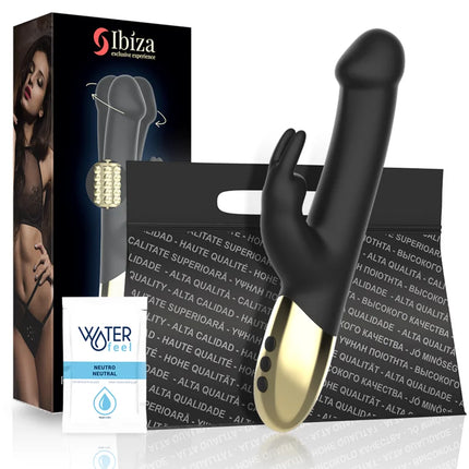 Ibiza rotierender Kaninchenvibrator aus schwarzem und goldenem Silikon mit strukturiertem Griff und mehreren Steuerknöpfen