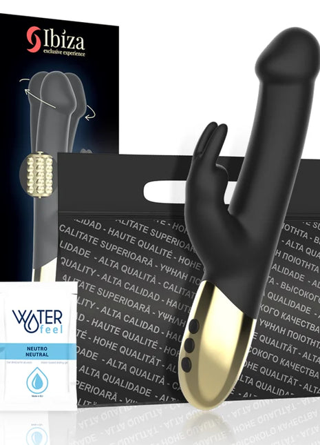 Ibiza rotierender Kaninchenvibrator aus schwarzem und goldenem Silikon mit strukturiertem Griff und mehreren Steuerknöpfen