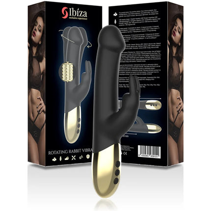 Schwarzer und goldener IBIZA rotierender Kaninchenvibrator mit strukturierter, gebogener Form für intensive stimulierung