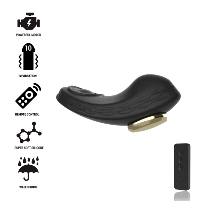 Ibiza silikon-höschenvibrator in schwarz mit goldfarbener metallbasis und fernbedienung aus superweichem silikon