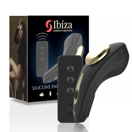 Schwarzer und goldener silikon-höschenvibrator ibiza mit fernbedienung und drei tasten für einfache steuerung