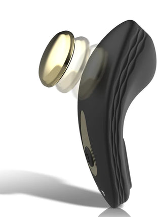 Schwarzer ergonomischer silikon-höschenvibrator ibiza mit goldfarbenem runder knopf und strukturierter griffoberfläche