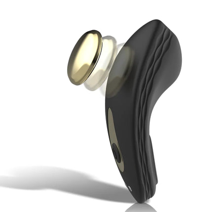Schwarzer ergonomischer silikon-höschenvibrator ibiza mit goldfarbenem runder knopf und strukturierter griffoberfläche