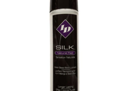 Schwarz-weiße zylindrische flasche id silk natürliches gefühl wasserbasiertes schmiermittel mit lila diamant-logo 250 ml