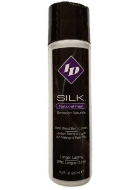 Schwarz-weiße zylindrische flasche id silk natürliches gefühl wasserbasiertes schmiermittel mit lila diamant-logo 250 ml