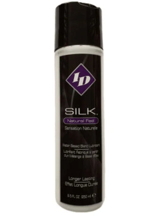 Schwarz-weiße zylindrische flasche id silk natürliches gefühl wasserbasiertes schmiermittel mit lila diamant-logo 250 ml