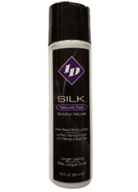 Schwarz-weiße zylindrische flasche id silk natürliches gefühl wasserbasiertes schmiermittel mit lila diamant-logo 250 ml