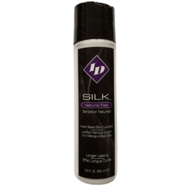 Schwarz-weiße zylindrische flasche id silk natürliches gefühl wasserbasiertes schmiermittel mit lila diamant-logo 250 ml