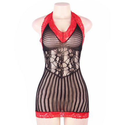 QUEEN LINGERIE - BLACK AND RED SKINNED CHEMISE S/L