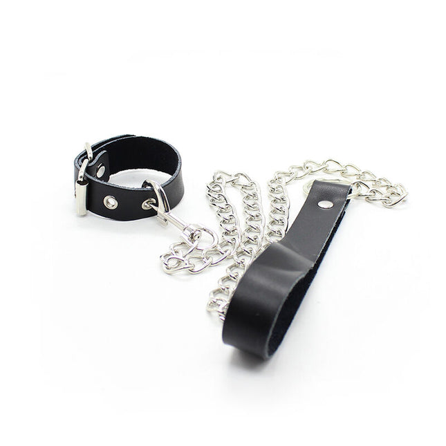 OHMAMA FETISH - COLLAR DE PENE Y PULSERA DE CUERO CON CADENA DE METAL