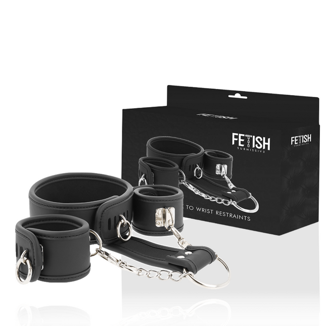 FETISH SUBMISSIVE - NECKLACE AND HANDCUFFS MADE FROM VEGAN LEATHER WITH NOPRENE LINING