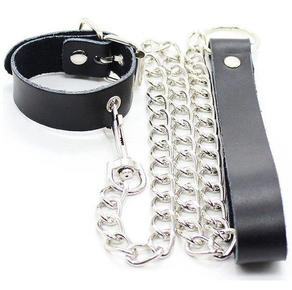 OHMAMA FETISH - COLLAR DE PENE Y PULSERA DE CUERO CON CADENA DE METAL