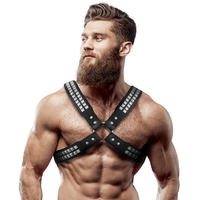 FETISH SUBMISSIVE ATTITUDE - CROSSED CHEST HARNESS FOR MEN MADE OF ECO-LEATHER WITH STUDDED