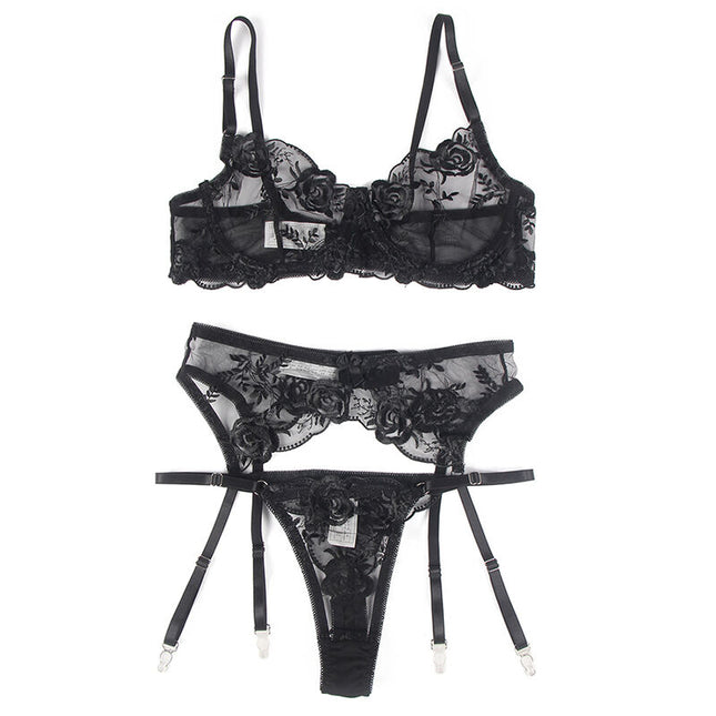 SUBBLIME - CONJUNTO DE 3 PIEZAS SUJETADOR + TANGA + LIGUERO ESTAMPADO FLORAL NEGRO S/M
