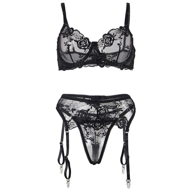 SUBBLIME - 3-PIECE SET BRA + Thong + Garter Belt FLORAL PRINT BLACK S/M