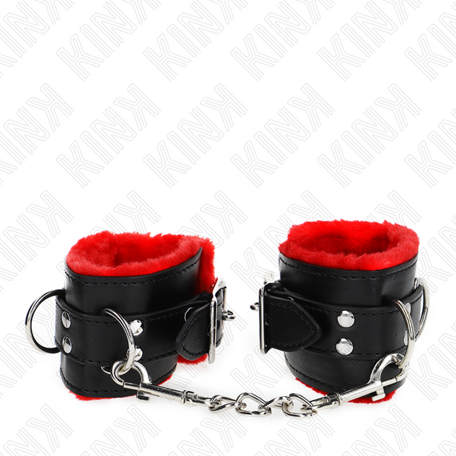 KINK - FUR-LINED WRIST CUFF WITH SQUARE HOLES, RED AND BLACK BELT, ADJUSTABLE 17-29 CM X 6 CM