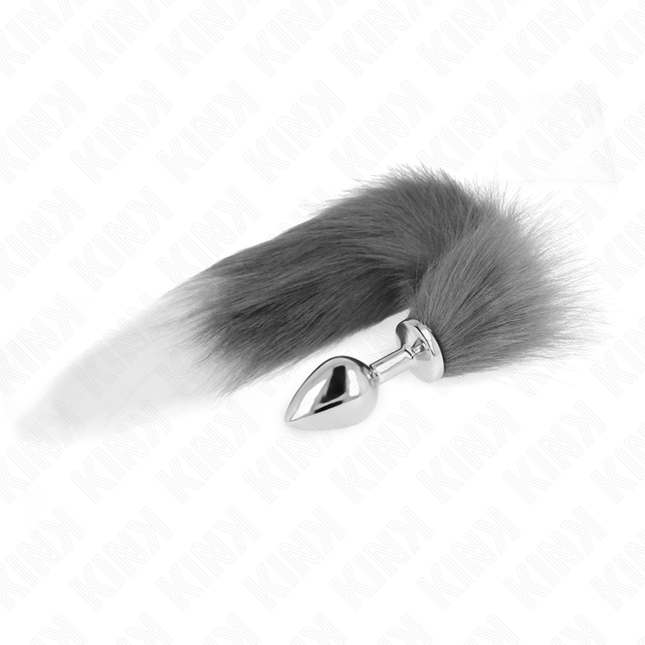 KINK - PLUG ANAL TAMAÑO M 8 X 3,5 CM CON COLA DE PLÁSTICO 40 CM GRIS Y BLANCO