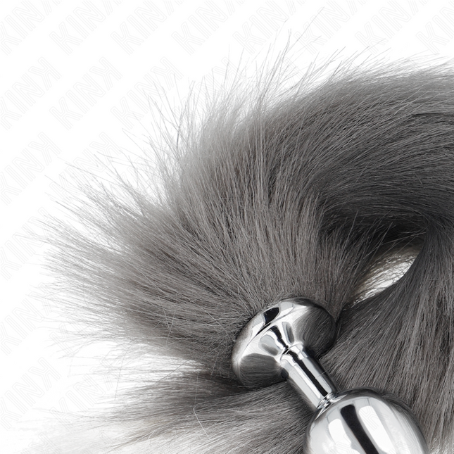 KINK - PLUG ANAL TAMAÑO M 8 X 3,5 CM CON COLA DE PLÁSTICO 40 CM GRIS Y BLANCO