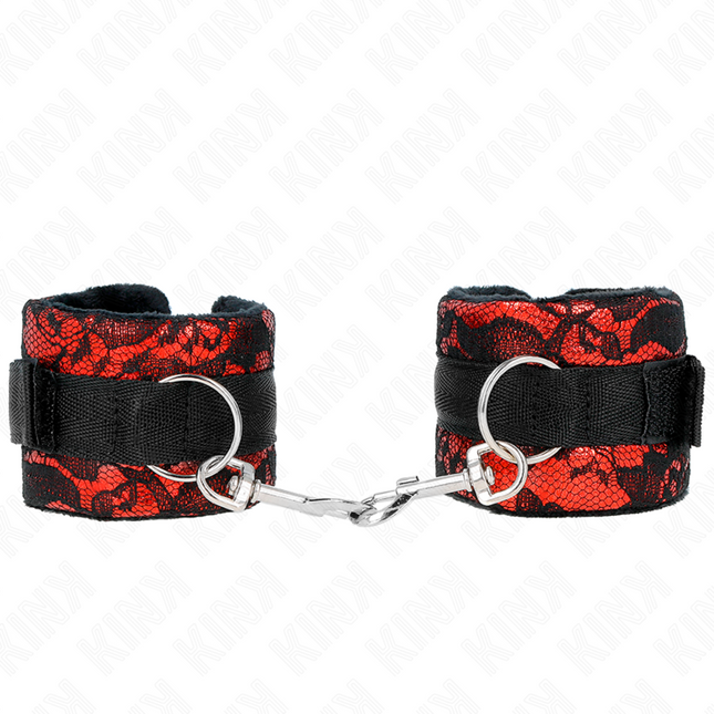 KINK - SHORT VELVET LACE WRIST CUFF AND NYLON CUFF RED/BLACK 23 X 6.5 CM