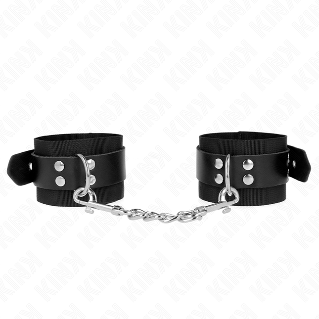 KINK - NYLON WRIST CUFF BLACK WITH BLACK LEATHER STRAPS ADJUSTABLE 19-29 CM X 5.1 CM