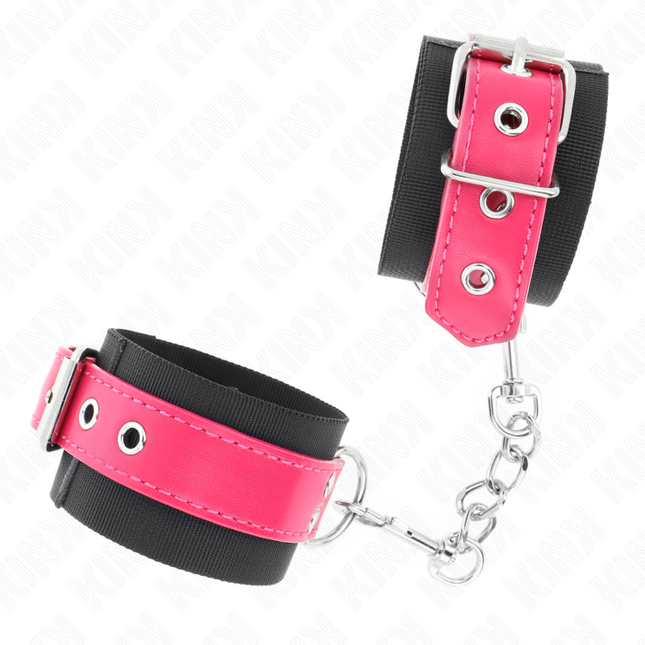 KINK - NYLON WRIST CUFF BLACK WITH FAUX LEATHERETTE BELT RASPBERRY PINK ADJUSTABLE 19-29 CM X 5.1 CM