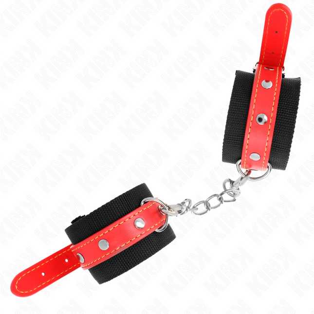 KINK - NYLON WRIST CUFF BLACK WITH RED LEATHERETTE ADJUSTABLE 19-24 CM X 5.5 CM