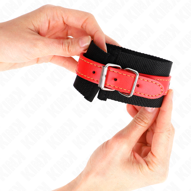 KINK - NYLON WRIST CUFF BLACK WITH RED LEATHERETTE ADJUSTABLE 19-24 CM X 5.5 CM