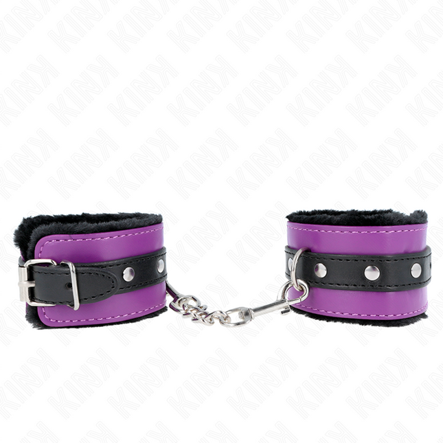 KINK - PUÑETAS DE MUÑECA PREMIUM CON FORRO DE PIEL NEGRO CON CINTURÓN MORADO/NEGRO AJUSTABLE 17-29 CM X 6 CM