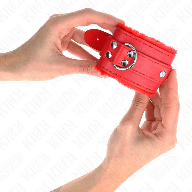 KINK - PUÑOS DE MUÑECA CON FORRO DE PIEL ROJO Y CINTURÓN ROJO AJUSTABLES 17-29 CM X 6 CM