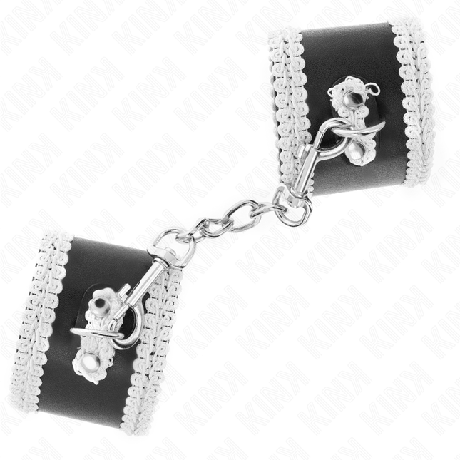 KINK - BLACK WRIST CUFFS WITH WHITE DECORATED LACE, ADJUSTABLE 20-23 CM X 5.5 CM